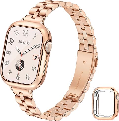 Melyis Slim Metal Band Fits Apple Watch Bands for Women 40mm 41mm 38mm, Stainless Steel iWatch Bands with Protective Case, Thin Band with Soft TPU Case for Apple Watch Series 9 SE 8 7 6 5 4-Gold in Saudi Arabia