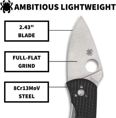 Spyderco Ambitious Lightweight Folding Pocket Knife with 2" 8Cr13MoV Steel Blade and FRN Handle - EDC Knife for Men and Women, Perfect for Hunting, Tactical, Camping, Survival - PlainEdge - C148PBK in Saudi Arabia