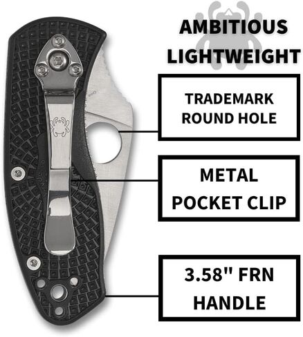 Spyderco Ambitious Lightweight Folding Pocket Knife with 2" 8Cr13MoV Steel Blade and FRN Handle - EDC Knife for Men and Women, Perfect for Hunting, Tactical, Camping, Survival - PlainEdge - C148PBK in Saudi Arabia