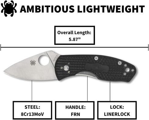 Spyderco Ambitious Lightweight Folding Pocket Knife with 2" 8Cr13MoV Steel Blade and FRN Handle - EDC Knife for Men and Women, Perfect for Hunting, Tactical, Camping, Survival - PlainEdge - C148PBK in Saudi Arabia