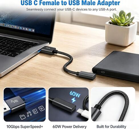 USB C Female to USB Male Adapter with 10Gbps, USB 3.2 Gen 2 to USB C Cable Adapter 60W High-Speed Data Transfer, Charging and OTG Function, for Laptops, Flash Drives, and Phones (Length 0.5ft) in Saudi Arabia