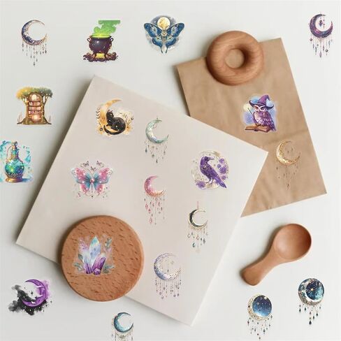 100PCS Cute Magic Moon Transparent Stickers Pack,Magical Witchcraft Sticker with Crystals,Witches,Owls, Potions,Cauldrons,Waterproof Vinyl PET Dreamcatcher Stickers for Scrapbook Party Favors in Saudi Arabia