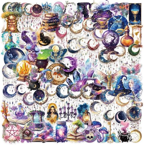 100PCS Cute Magic Moon Transparent Stickers Pack,Magical Witchcraft Sticker with Crystals,Witches,Owls, Potions,Cauldrons,Waterproof Vinyl PET Dreamcatcher Stickers for Scrapbook Party Favors in Saudi Arabia