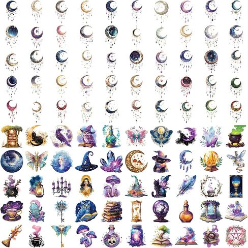 100PCS Cute Magic Moon Transparent Stickers Pack,Magical Witchcraft Sticker with Crystals,Witches,Owls, Potions,Cauldrons,Waterproof Vinyl PET Dreamcatcher Stickers for Scrapbook Party Favors in Saudi Arabia