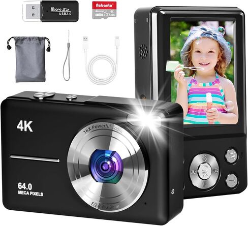 4K Digital Camera for Photography, Autofocus 64MP Vlogging Camera, 32GB TF Card, 2.8'' LED Screen, 18X Zoom, Anti-Shake, Portable YouTube Point and Shoot Digital Cameras (White) in Saudi Arabia