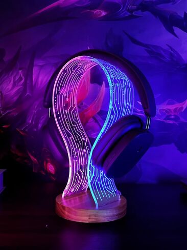 YuanDian Headphone Stand, Walnut Wood Headset Holder with Blue Pink LED Night Light for Gamers, Men, and Music Lovers - Perfect Desk Gift Idea in Saudi Arabia