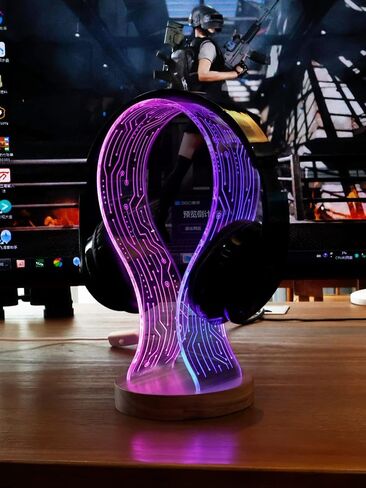YuanDian Headphone Stand, Walnut Wood Headset Holder with Blue Pink LED Night Light for Gamers, Men, and Music Lovers - Perfect Desk Gift Idea in Saudi Arabia