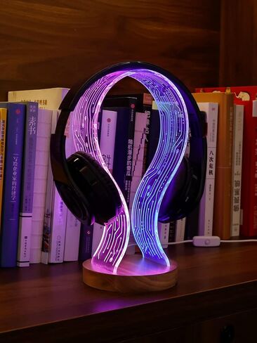 YuanDian Headphone Stand, Walnut Wood Headset Holder with Blue Pink LED Night Light for Gamers, Men, and Music Lovers - Perfect Desk Gift Idea in Saudi Arabia