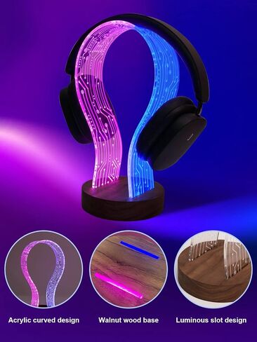 YuanDian Headphone Stand, Walnut Wood Headset Holder with Blue Pink LED Night Light for Gamers, Men, and Music Lovers - Perfect Desk Gift Idea in Saudi Arabia
