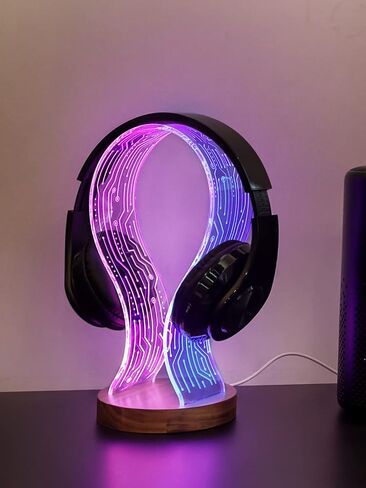 YuanDian Headphone Stand, Walnut Wood Headset Holder with Blue Pink LED Night Light for Gamers, Men, and Music Lovers - Perfect Desk Gift Idea in Saudi Arabia