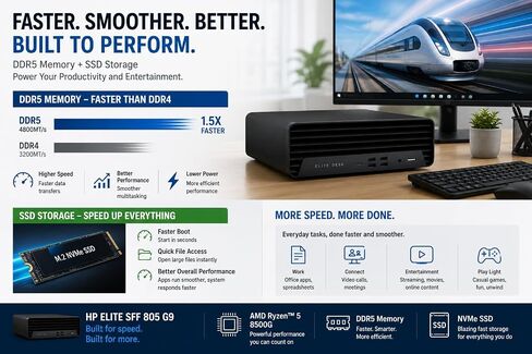 HP Elite SFF 805 G9 Desktop Computer, AMD Ryzen 5 8500G(Outperforms i7-1255U), Upto 64GB DDR5 RAM, Upto 4TB PCIe NVMe SSD, Dual Monitor Support, Windows 11 Pro, Wired Keyboard & Mouse in Kuwait
