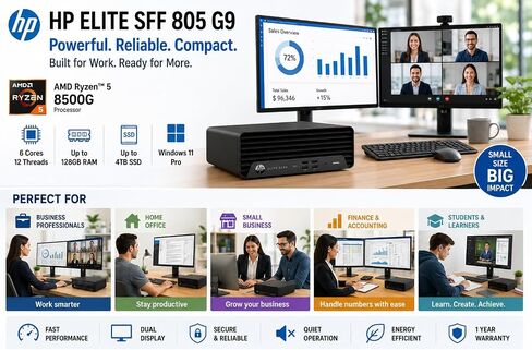 HP Elite SFF 805 G9 Desktop Computer, AMD Ryzen 5 8500G(Outperforms i7-1255U), Upto 64GB DDR5 RAM, Upto 4TB PCIe NVMe SSD, Dual Monitor Support, Windows 11 Pro, Wired Keyboard & Mouse in Kuwait