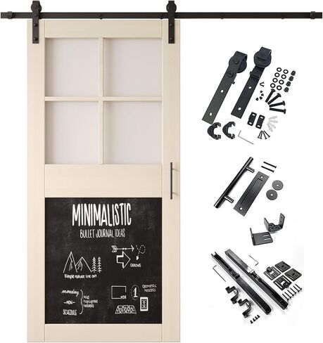 Tinsmith Gray 48 in. x 84 in. Sliding Barn Door, Half Frosted Glass Cross Design with Chalkboard, Finished, Unassembled, Non-Bypass Kit for 9 ft Track, Interior Use in Saudi Arabia
