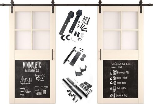 Tinsmith Gray 40 in. x 84 in. Double Sliding Barn Doors, Half Frosted Glass Cross Design with Chalkboard, Finished, Unassembled, Includes 14 ft Non-Bypass Hardware Kit, Interior Use Only in Saudi Arabia