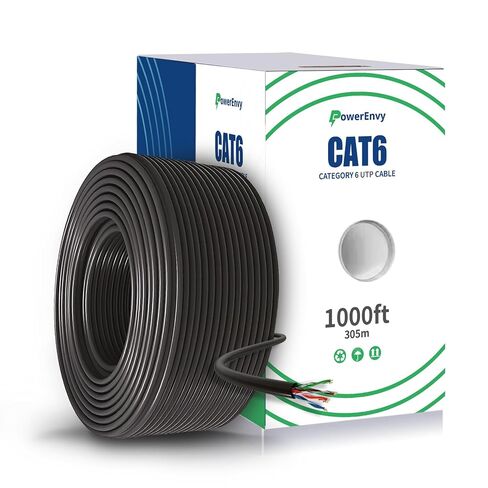 Cat6 Ethernet UTP Cable - 550Mhz, 10Gbps Max, 1000ft - Outdoor Rated, 23 AWG, UTP 4 Twisted Pair, CMR Rated Cable, Tangle-Free Pull Box - Black in Saudi Arabia