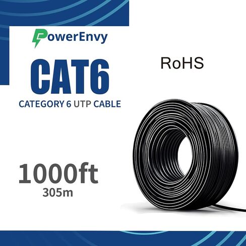 Cat6 Ethernet UTP Cable - 550Mhz, 10Gbps Max, 1000ft - Outdoor Rated, 23 AWG, UTP 4 Twisted Pair, CMR Rated Cable, Tangle-Free Pull Box - Black in Saudi Arabia
