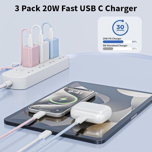 كتلة الشحن السريع iPhone17 16 15، 3 عبوات شاحن هاتف USBC مختلط ملون بقدرة 20 وات in Kuwait