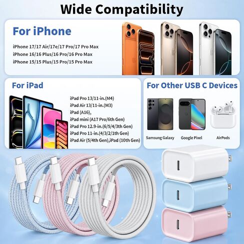 كتلة الشحن السريع iPhone17 16 15، 3 عبوات شاحن هاتف USBC مختلط ملون بقدرة 20 وات in Kuwait