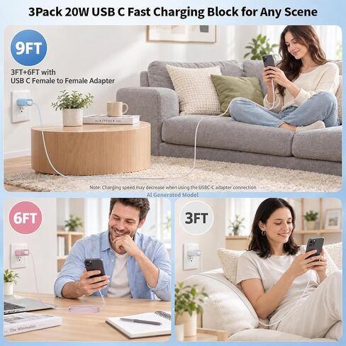 كتلة الشحن السريع iPhone17 16 15، 3 عبوات شاحن هاتف USBC مختلط ملون بقدرة 20 وات in Kuwait