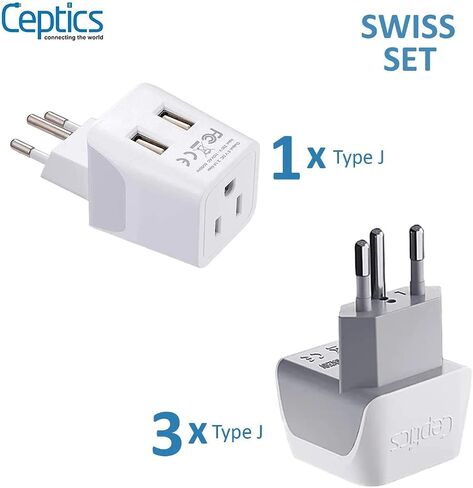Swiss Travel Adapter Bundle by Ceptics - Type J - Charge Multiple Devices At Once - USA to Switzerland, Liechtenstein, Rwanda - Multipack - for Your Cell Phones, Tablets, iPhone, Camera in Saudi Arabia