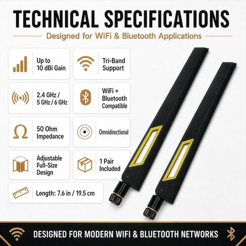 10dBi Tri-Band Adjustable External WiFi Antenna Pair | RP-SMA Black/Yellow in Saudi Arabia