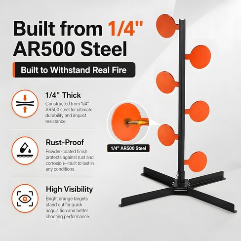 AR500 أهداف شجرة المبارزة مع حامل، 6 مجداف 4 بوصة × 1/4 بوصة مجموعة أهداف الرماية الفولاذية، نظام تفاعلي لإعادة الضبط الذاتي للجاذبية لممارسة المدى المنفرد والرأس إلى الرأس in Kuwait