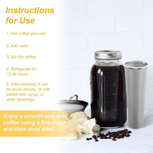 2 Pack 304 Stainless Steel Cold Brew Coffee Filter, Ultra-Fine Mesh Strainer for 1-2 Quart Wide Mouth Mason Jars, Seal Ring Design for Tea Fruit Infused Water in Saudi Arabia