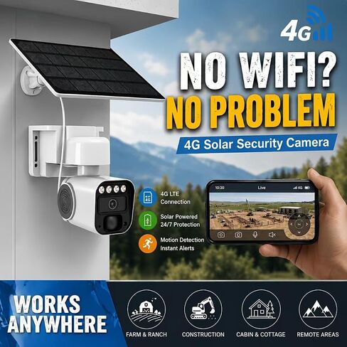 4G LTE Cellular Solar Security Cameras Wireless Outdoor,No WiFi Cameras for Home Security,2K Surveillance Camera Lenses,Spotlight Siren Alarm,AI Detection,SD/Cloud Storage, Wire-Free in Kuwait