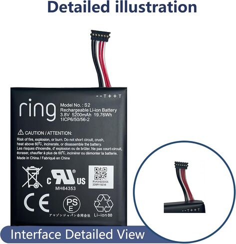 بطارية Ring S2 متوافقة مع Ring، بطارية بديلة لجرس باب الفيديو من الجيل الثاني لـ (إصدار 6 كابل توصيل فقط) مع مجموعة أدوات إصلاح (جرس باب فيديو الجيل الثاني) in Kuwait