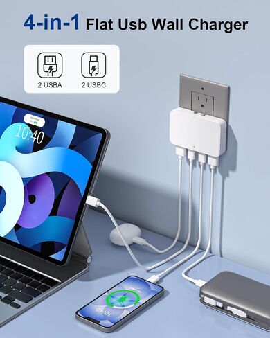 Flat USB C Wall Charger, 45W PD GaN USB C Travel Charger Block, 4-Port 65W Total Wall Charger, Dual USB-C Dual USB-A, Foldable Plug, PD3.0 & PPS for iPad/iPhone Series/Galaxy for Home/Travel in Saudi Arabia