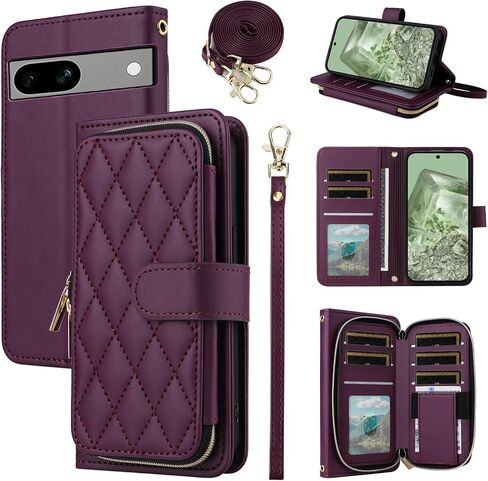 Argyle Wallet Case for Google Pixel 8A 5G with Wrist Strap Shoulder Strap, 9+ Card Slots Zipper Purse, Luxury PU Leather Stand Checkered Cell Phone Cover for Pixel8A A8 Women Girls White in Saudi Arabia