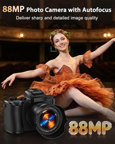 8K Digital Cameras for Photography, Autofocus 88MP WiFi Photography Camera with Touch Screen, Dual Lens Vlogging Camera for YouTube, 16X Digital Zoom, Flash, 2 Batteries & 64GB Card in Saudi Arabia