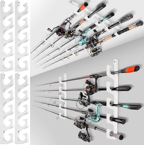PLUSINNO H5W Solid Wood Fishing Rod Holder, Horizontal Wall & Ceiling Mount Fishing Pole Holders for Garage Storage, Holds 10Rods, Combos and Fishing Nets（Dark Brown, 2packs） in Saudi Arabia