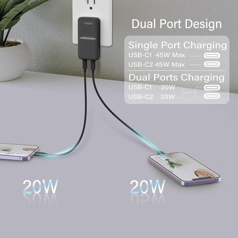 45W USB Wall Charger,Flat Wall Charger,Dual USB C with PD 3.0 & GaN,Folding USB Wall Plug for Traveling,Fast Charging for Laptops,Phones,Support Super Fast Charging for Samsung Galaxy, Black in Saudi Arabia