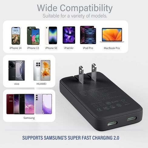 45W USB Wall Charger,Flat Wall Charger,Dual USB C with PD 3.0 & GaN,Folding USB Wall Plug for Traveling,Fast Charging for Laptops,Phones,Support Super Fast Charging for Samsung Galaxy, Black in Saudi Arabia