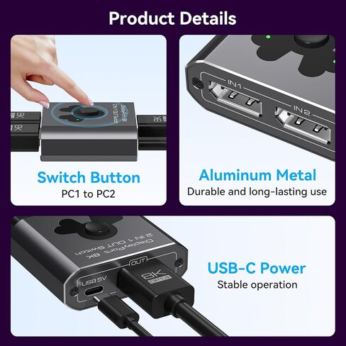 Displayport Switch 2 in 1 Out DP Switcher 8K60Hz 4K144Hz High-Definition Resolution DP1.4 Displayport Switcher Compatible with PC Laptop Monitor TV in Saudi Arabia