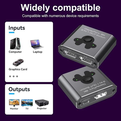 Displayport Switch 2 in 1 Out DP Switcher 8K60Hz 4K144Hz High-Definition Resolution DP1.4 Displayport Switcher Compatible with PC Laptop Monitor TV in Saudi Arabia