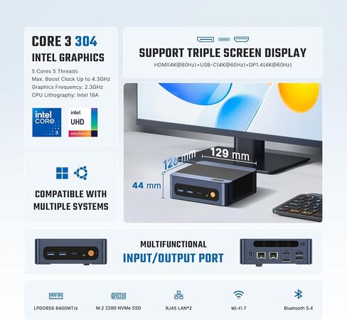 BOSGAME E6 Mini PC, Intel Core 304 12GB LPDDR5x 6400MT/s 512GB SSD,Wi-Fi 7 in Kuwait