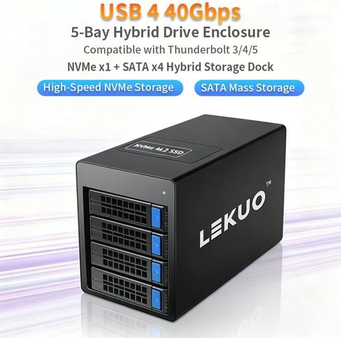 USB 4.0 40Gbps Hybrid 4 Bay 2.5/3.5" SATA HDD/SSD+1 Bay M.2 NVMe (M/B+M Key) Aluminum Enclosure. Dual USB4.0 Port (Daisy Chain). Support 128TB (4*30TB HDD+1*8TB 2230/2242/2260/2280/22110 SSD) in Kuwait