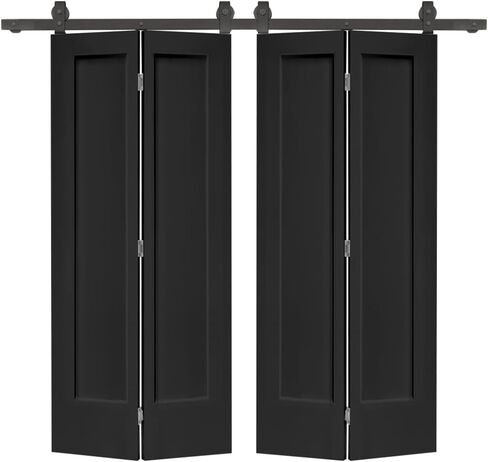 48 in. X 80 in. 1 Panel Shaker Black Painted MDF Composite Double Bi-Fold Barn Door with Sliding Hardware Kit in Saudi Arabia