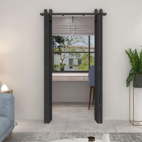 48 in. X 80 in. 1 Panel Shaker Black Painted MDF Composite Double Bi-Fold Barn Door with Sliding Hardware Kit in Saudi Arabia