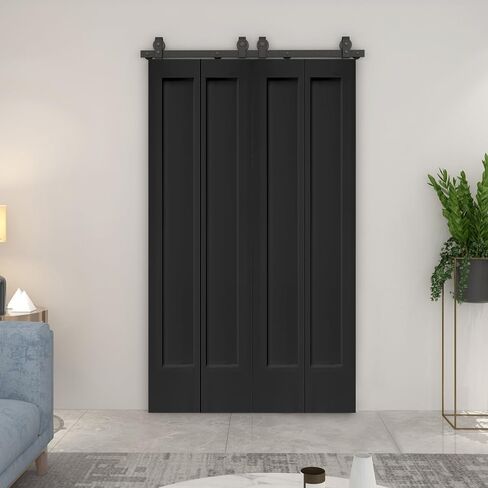48 in. X 80 in. 1 Panel Shaker Black Painted MDF Composite Double Bi-Fold Barn Door with Sliding Hardware Kit in Saudi Arabia