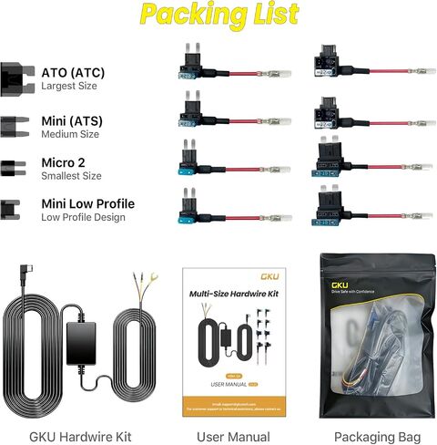 GKU Adjustable Hardwire Kit for GKU Dash Cam, 4 Fuses, Type-C Port, Micro 2, ATO(ATC), Mini(ATS), Mini Low Profile, Parking Monitoring with Low Voltage Protection in Saudi Arabia