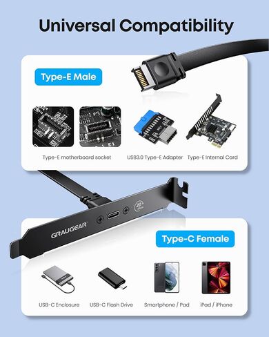GRAUGEAR PC Motherboard USB-C Front Panel Adapter Cable, 20Gbps USB Type-C Header Extension Cable, USB C to USB3.2 Gen2x2 Type-E Key-A 20-Pin Connector with PCI Bracket, 23.6"/60cm in Kuwait