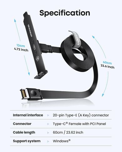 GRAUGEAR PC Motherboard USB-C Front Panel Adapter Cable, 20Gbps USB Type-C Header Extension Cable, USB C to USB3.2 Gen2x2 Type-E Key-A 20-Pin Connector with PCI Bracket, 23.6"/60cm in Kuwait