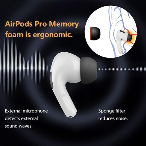Memory Foam Ear Tips for AirPods Pro and AirPods Pro 2 Silicone Shield，Secure, Comfortable, Replacement Tip, Better Noise Cancellation, 3 Pairs Replacement Tips (Black, Large) in Saudi Arabia