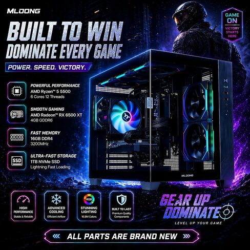 كمبيوتر مكتبي للألعاب MLOONG، AMD Ryzen 5 5500 (6 كور 12 خيط حتى 4.2 جيجا)، رسومات AMD Radeon RX 6500XT 4 جيجابايت، ذاكرة وصول عشوائي DDR4 سعة 16 جيجابايت بسرعة 3200 ميجاهرتز، 512 جيجابايت NVMe SSD، 650 وات PSU، كمبيوتر برجي مُصمم مسبقًا بتقنية WiFi مع نظ in Kuwait