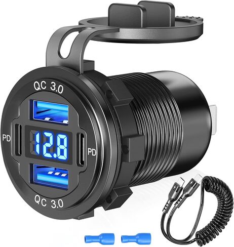 12V 24V 36V 48V 60V High Voltage USB Outlet Aluminum Car Socket, PD 36W and QC 36W Car Port Outlet Waterproof Cigarette Lighter Power Adapter DIY Kit with Button Switch for Boat Golf Cart, etc. in Saudi Arabia