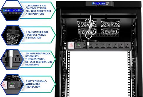 Sysracks 18U Deep Server Rack Cabinet Enclosure Locking | 39-Inch Depth Network Equipment Rack Cabinet with Thermocontroller, LCD-Screen, 4 Fans, Power Strip, Shelf, Wheels, Dust-Tight Cable Entries in Saudi Arabia