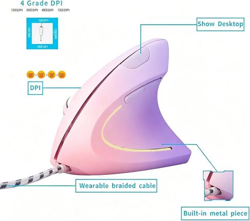 HXMJ Ergonomic Vertical Mouse Wired,USB Corded Optical Mice,7200DPI,Backilt,Right Handed Carpal Tunnel Mouse for Laptop,PC,Computer,Mac-Pink Purple in Saudi Arabia